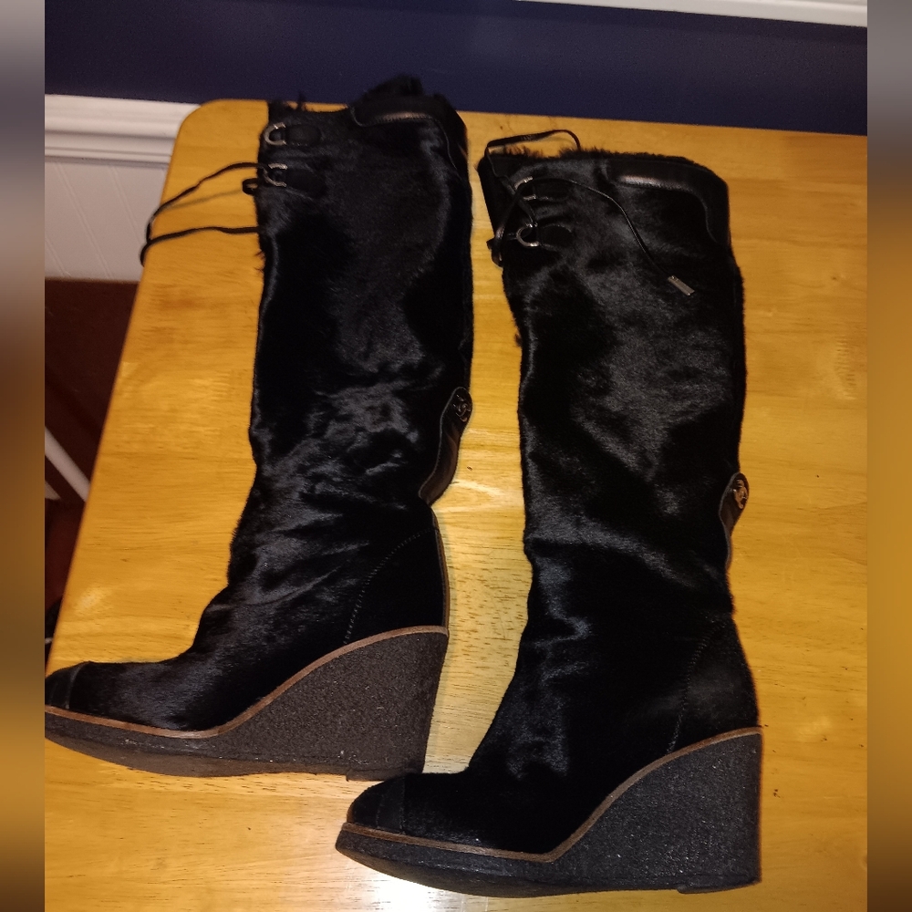 CHANEL CC Rare Vintage Black Calf Hair Wedge Knee Fur Interior Boots Size 4 1/2